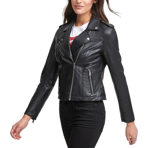 Women's The Classic Faux Leather Moto Jacket Parka Zip Closure Fully lined Coat - Picture 3 of 6